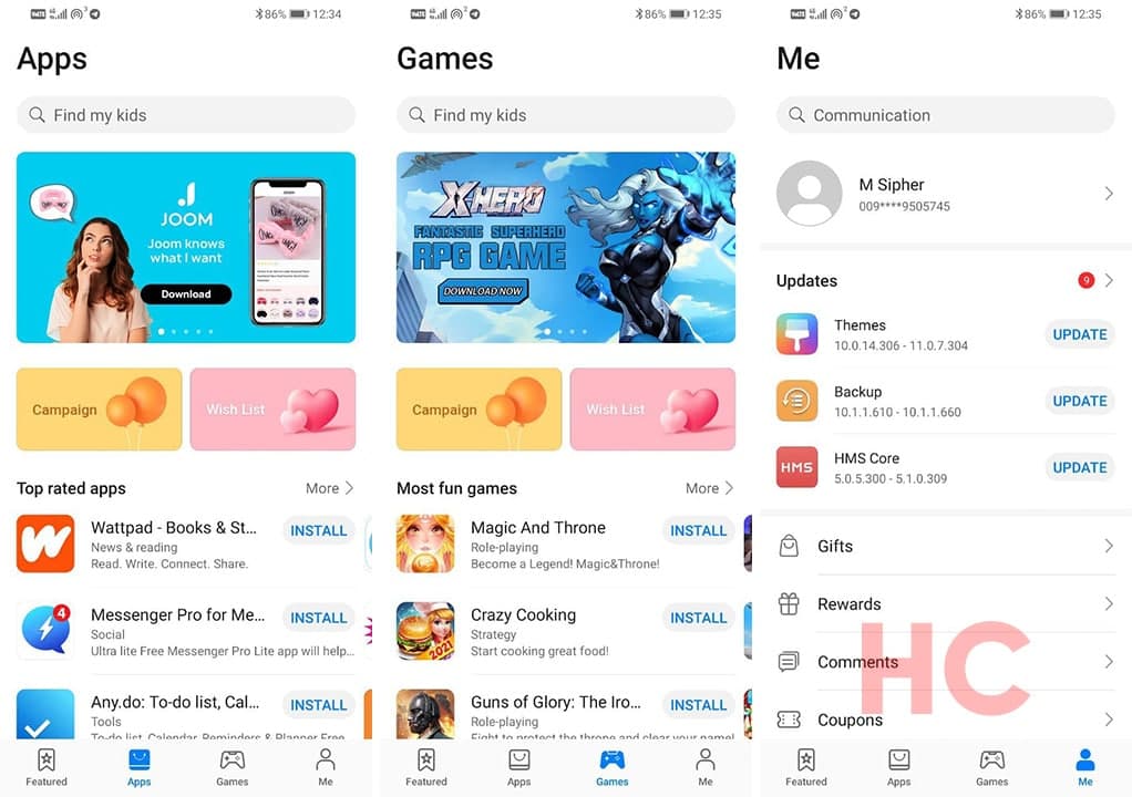 Huawei AppGallery Apps and Games Tabs
