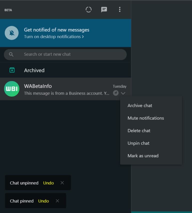 WhatsApp Desktop Pin chats