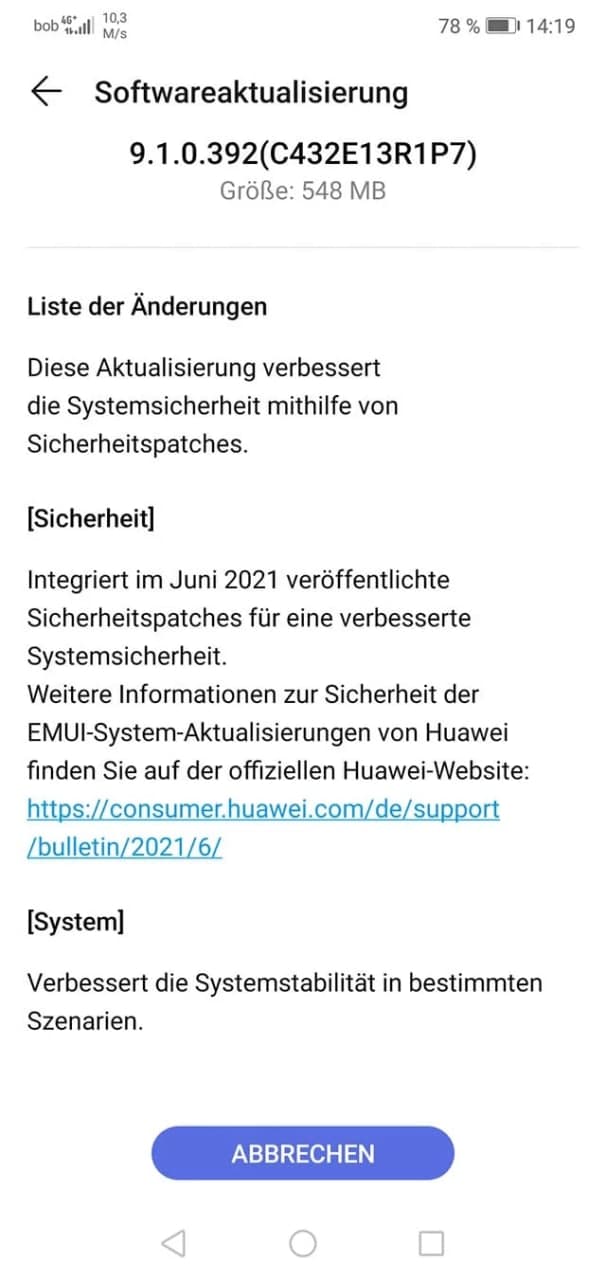Huawei P20 lite June 2021 security patch