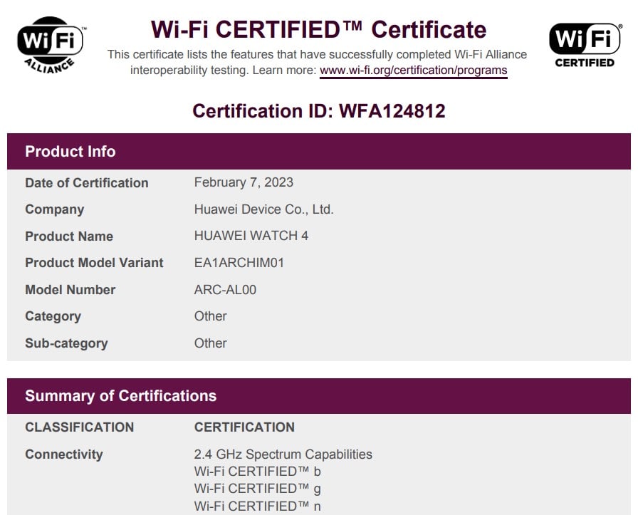 Huawei Watch 4 WiFI Certificate