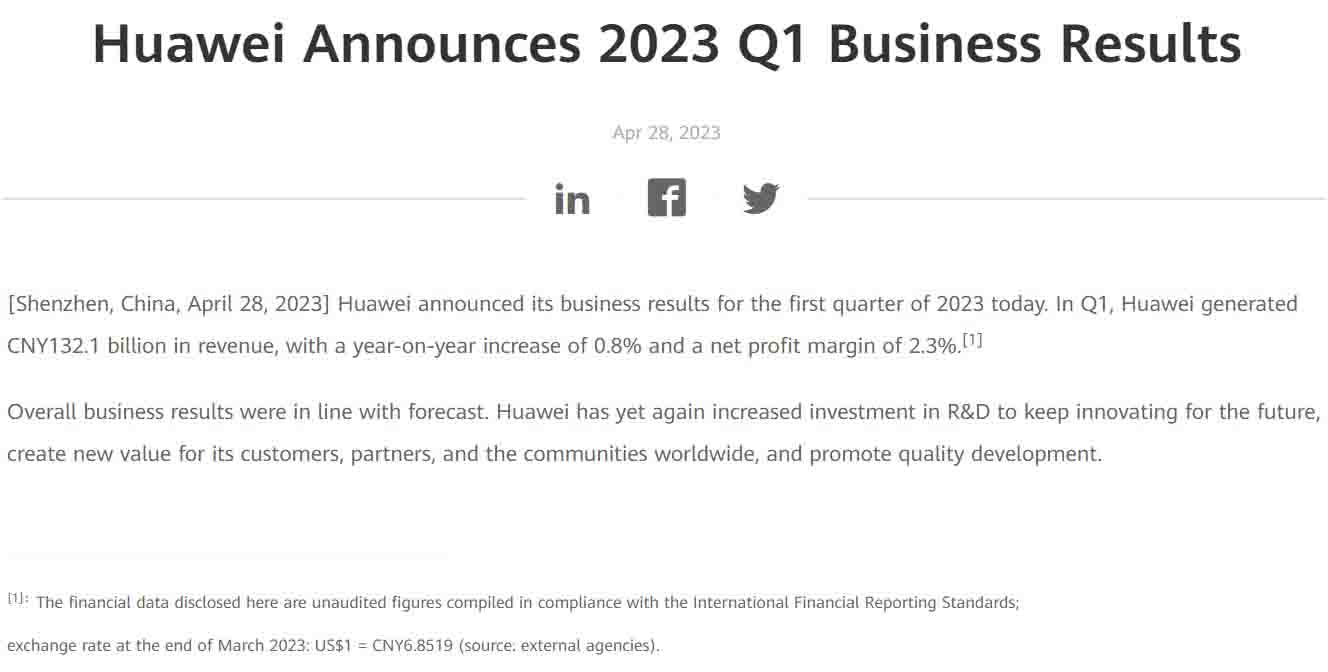 huawei revenue first quarter 2023