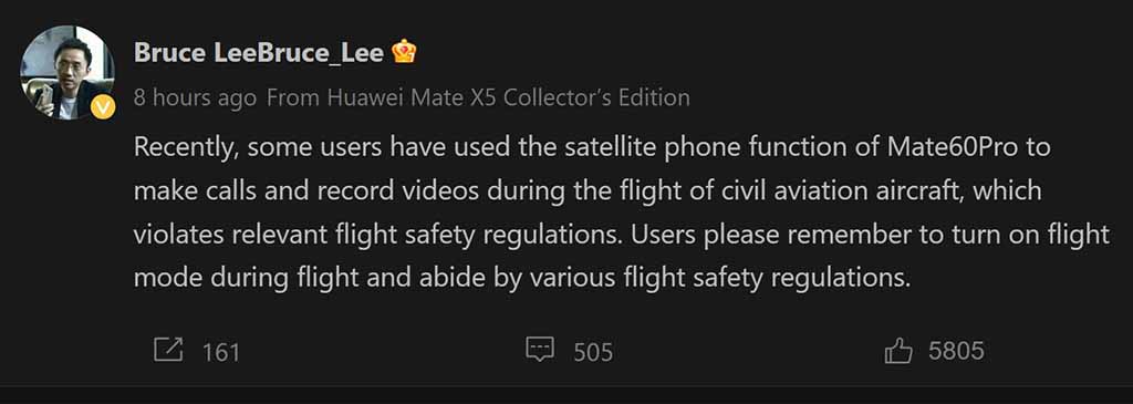 satellite calling flight huawei mate 60 pro