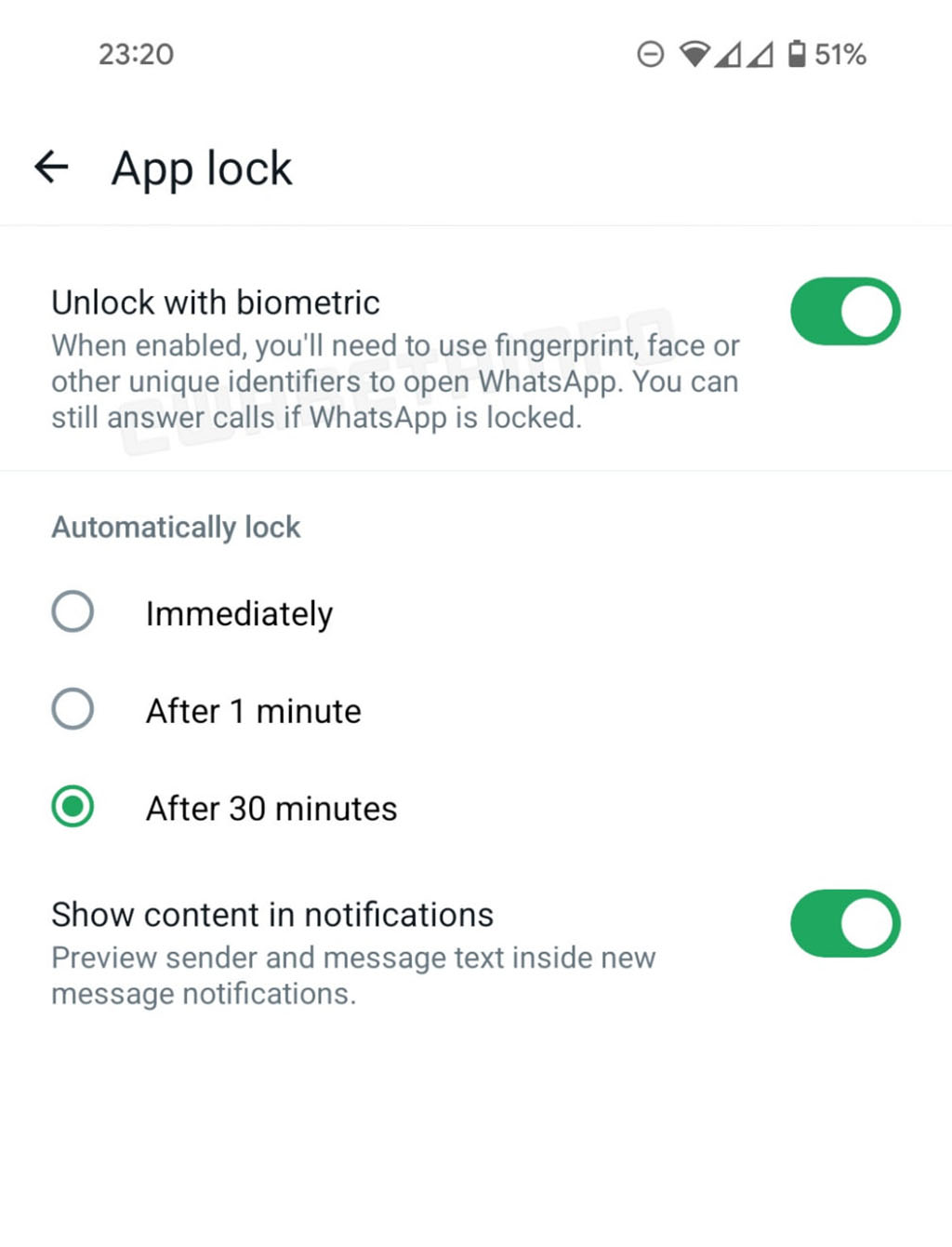 WhatsApp authentication options app lock