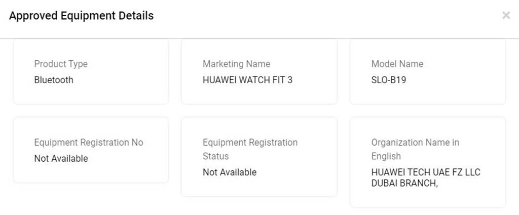 Huawei Watch Fit 3 TDRA certification